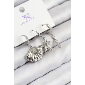 Pirinç Zirkon Taşlı 3lü Yıldız Ve İstiridye Model Gümüş Renk Kadın Küpe