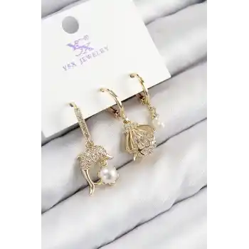Pirinç Zirkon Taşlı 3lü Yunus Balığı Ve İstiridye Model Gold Renk Kadın Küpe