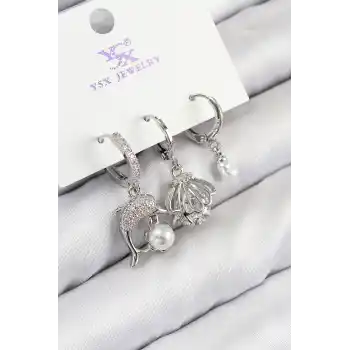 Pirinç Zirkon Taşlı 3lü Yunus Balığı Ve İstiridye Model Gümüş Renk Kadın Küpe