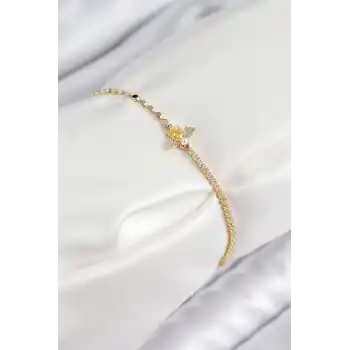 Pirinç Zirkon Taşlı Arı Model Ezme Zincir Gold Renk Kadın Bileklik