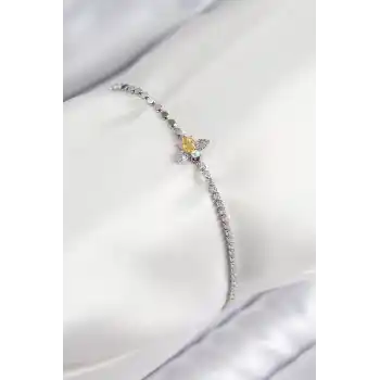 Pirinç Zirkon Taşlı Arı Model Ezme Zincir Gümüş Renk Kadın Bileklik