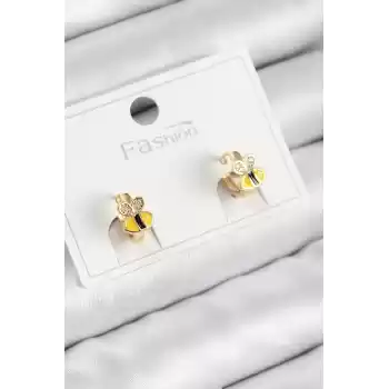 Pirinç Zirkon Taşlı Arı Model Gold Renk Çocuk Küpe