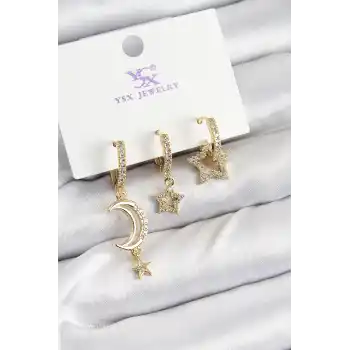 Pirinç Zİrkon Taşlı Ay Ve Hilal Model Gold Renk 3lü Kadın Küpe