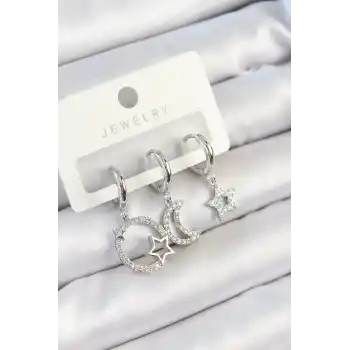 Pirinç Zirkon Taşlı Ay Ve Yıldız Model Gümüş Renk 3lü Çift Kadın Küpe Set