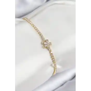 Pirinç Zirkon Taşlı Çiçek Model Gold Renk Kadın Bileklik