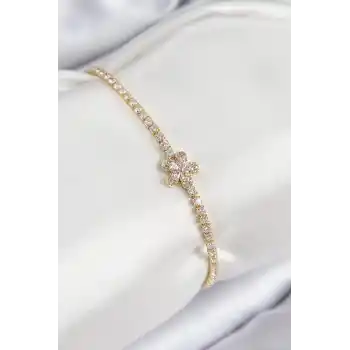 Pirinç Zirkon Taşlı Çiçek Model Gold Renk Kadın Bileklik