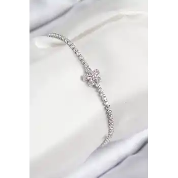 Pirinç Zirkon Taşlı Çiçek Model Gümüş Renk Kadın Bileklik