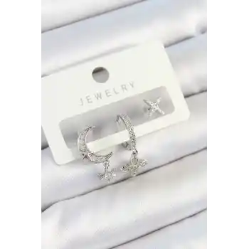 Pirinç Zirkon Taşlı Çiçek Ve Ay Model Gümüş Renk 3lü Çift Kadın Küpe Set