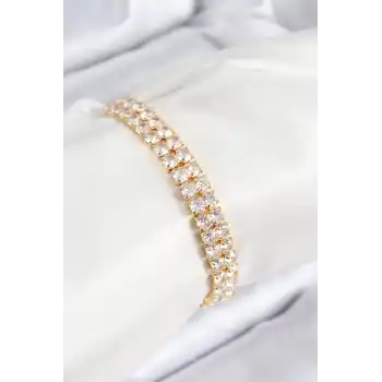 Pirinç Zirkon Taşlı Çift Sıra Kare Model Gold Renk Asansörlü Kadın Bileklik