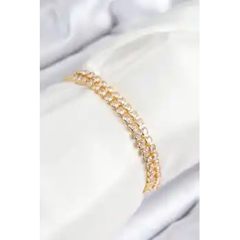 Pirinç Zirkon Taşlı Çift Sıra Model Gold Renk Asansörlü Kadın Bileklik