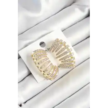 Pirinç Zirkon Taşlı Çoklu Görünümlü Model Gold Renk Kadın Küpe