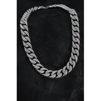 Pirinç Zirkon Taşlı Cuba Gurmet Model Gümüş Renk Erkek Kolye