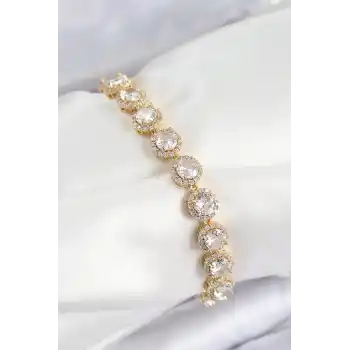 Pirinç Zirkon Taşlı Daire Baget Model Gold Renk VIP Seri Kadın Bileklik