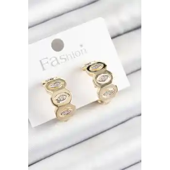 Pirinç Zirkon Taşlı Damla Figürlü Halka Model Gold Renk Kadın Küpe