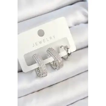 Pirinç Zirkon Taşlı Damla Model Gümüş Renk 3lü Çift Kadın Küpe Set