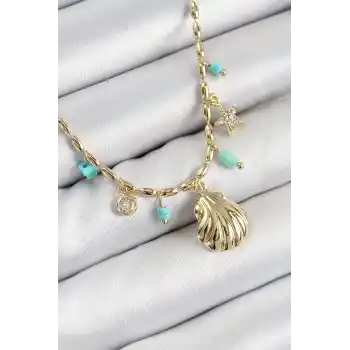 Pirinç Zirkon Taşlı Deniz Kabuğu Model Gold Renk Kadın Kolye