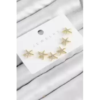 Pirinç Zirkon Taşlı Deniz Yıldızı Model Gold Renk 925 Ayar Gümüş Çivi Kadın Küpe Set
