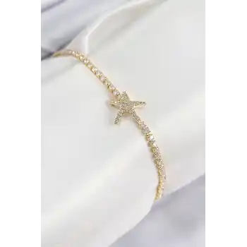 Pirinç Zirkon Taşlı Deniz Yıldızı Model Gold Renk Kadın Bileklik