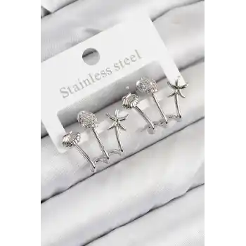 Pirinç Zirkon Taşlı Deniz Yıldızı ve İstiridye Model Gümüş Renk Kadın Küpe