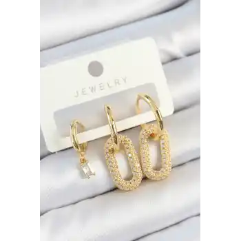 Pirinç Zirkon Taşlı Dikdörtgen Model Gold Renk 3lü Çift Kadın Küpe Set