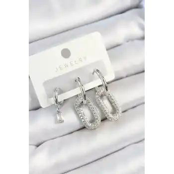 Pirinç Zirkon Taşlı Dikdörtgen Model Gümüş Renk 3lü Çift Kadın Küpe Set