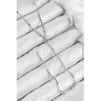 Pirinç Zirkon Taşlı Ezme Zincirli Deniz Yıldızı Model Gümüş Renk Y Kolye