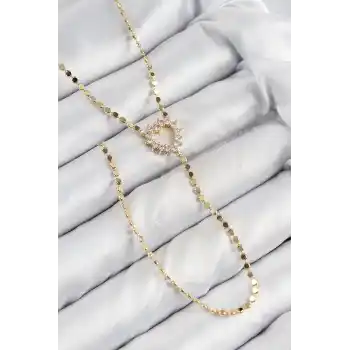 Pirinç Zirkon Taşlı Ezme Zincirli Kalp Model Gold Renk Y Kolye