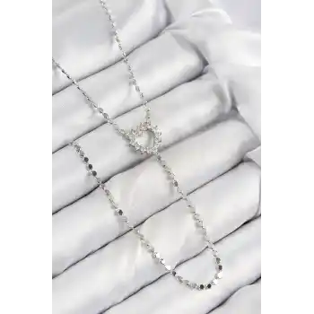 Pirinç Zirkon Taşlı Ezme Zincirli Kalp Model Gümüş Renk Y Kolye