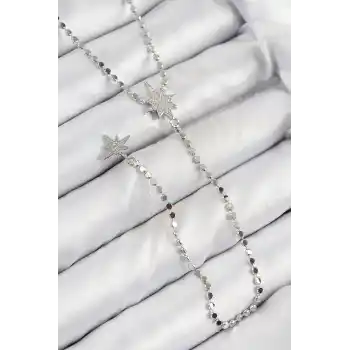 Pirinç Zirkon Taşlı Ezme Zincirli Kutup Yıldızı Model Gümüş Renk Y Kolye