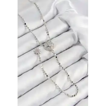 Pirinç Zirkon Taşlı Ezme Zincirli Madalyon Model Gümüş Renk Y Kolye