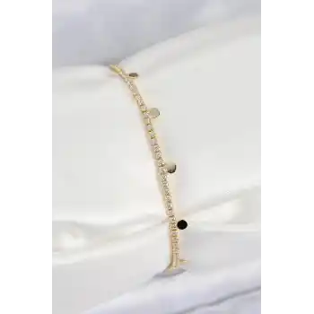 Pirinç Zirkon Taşlı Ezme Zincirli Sıralı Model Gold Renk Kadın Bilekilk