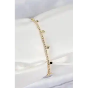 Pirinç Zirkon Taşlı Ezme Zincirli Sıralı Model Gold Renk Kadın Bilekilk