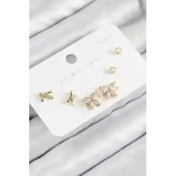 Pirinç Zirkon Taşlı Fiyonk Model Gold Renk 925 Ayar Gümüş Çivi Kadın Küpe Set