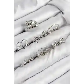 Pirinç Zirkon Taşlı Fiyonk Ve Kalp Model Gümüş Renk Kadın Yüzük Kombin Set
