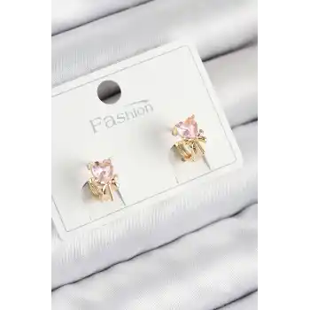 Pirinç Zirkon Taşlı Fiyonklu Kalp Model Gold Renk Çocuk Küpe