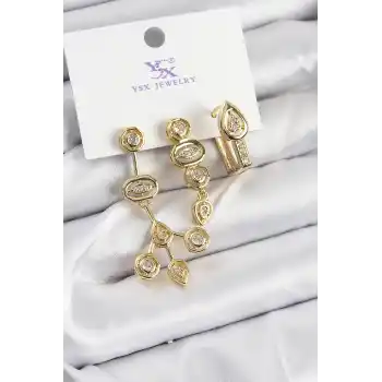 Pirinç Zİrkon Taşlı Geometrik Model Gold Renk 3lü Kadın Küpe