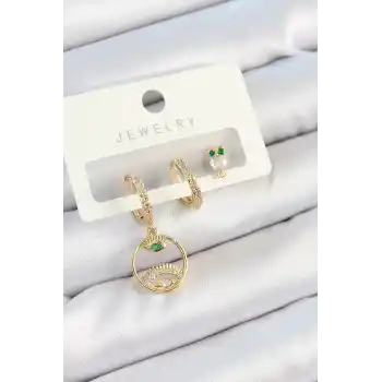 Pirinç Zirkon Taşlı Göz Ve Baykuş Model Gold Renk 3lü Çift Kadın Küpe Set