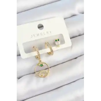 Pirinç Zirkon Taşlı Göz Ve Baykuş Model Gold Renk 3lü Çift Kadın Küpe Set