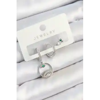 Pirinç Zirkon Taşlı Göz Ve Baykuş Model Gümüş Renk 3lü Çift Kadın Küpe Set
