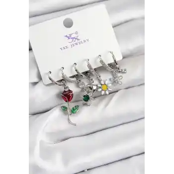 Pirinç Zİrkon Taşlı Gül Ve Papatya Model Gümüş Renk 3lü Çift Kadın Küpe