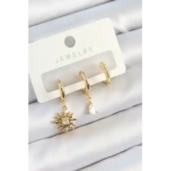 Pirinç Zirkon Taşlı Güneş Model Gold Renk 3lü Çift Kadın Küpe Set