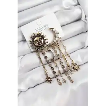 Pirinç Zirkon Taşlı Güneş Ve Ay Figürlü Eskitme Model Sallantılı Küpe