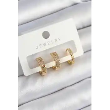 Pirinç Zirkon Taşlı Halka Model Gold Renk 3lü Çift Kadın Küpe Set