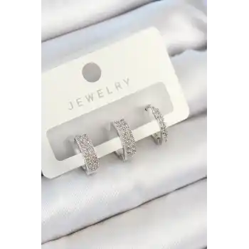 Pirinç Zirkon Taşlı Halka Model Gümüş Renk 3lü Çift Kadın Küpe Set