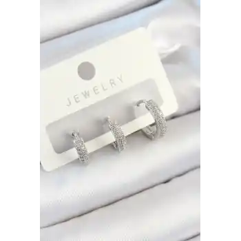 Pirinç Zirkon Taşlı Halka Model Gümüş Renk 3lü Çift Kadın Küpe Set