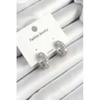 Pirinç Zirkon Taşlı Halka Model Gümüş Renk Kadın Küpe