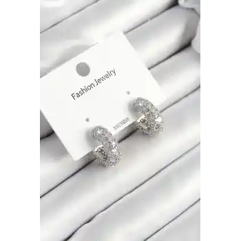 Pirinç Zirkon Taşlı Halka Model Gümüş Renk Kadın Küpe