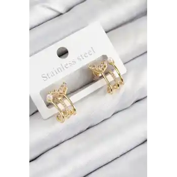 Pirinç Zirkon Taşlı İnci Detaylı Balık Kuyruğu Model Gold Renk Kadın Küpe