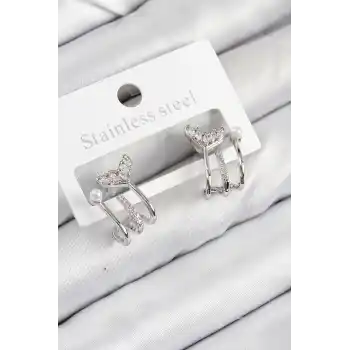 Pirinç Zirkon Taşlı İnci Detaylı Balık Kuyruğu Model Gümüş Renk Kadın Küpe