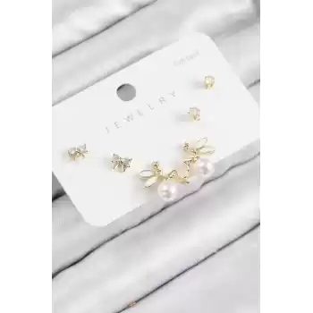 Pirinç Zirkon Taşlı İnci Melek Model Gold Renk 925 Ayar Gümüş Çivi Kadın Küpe Set
